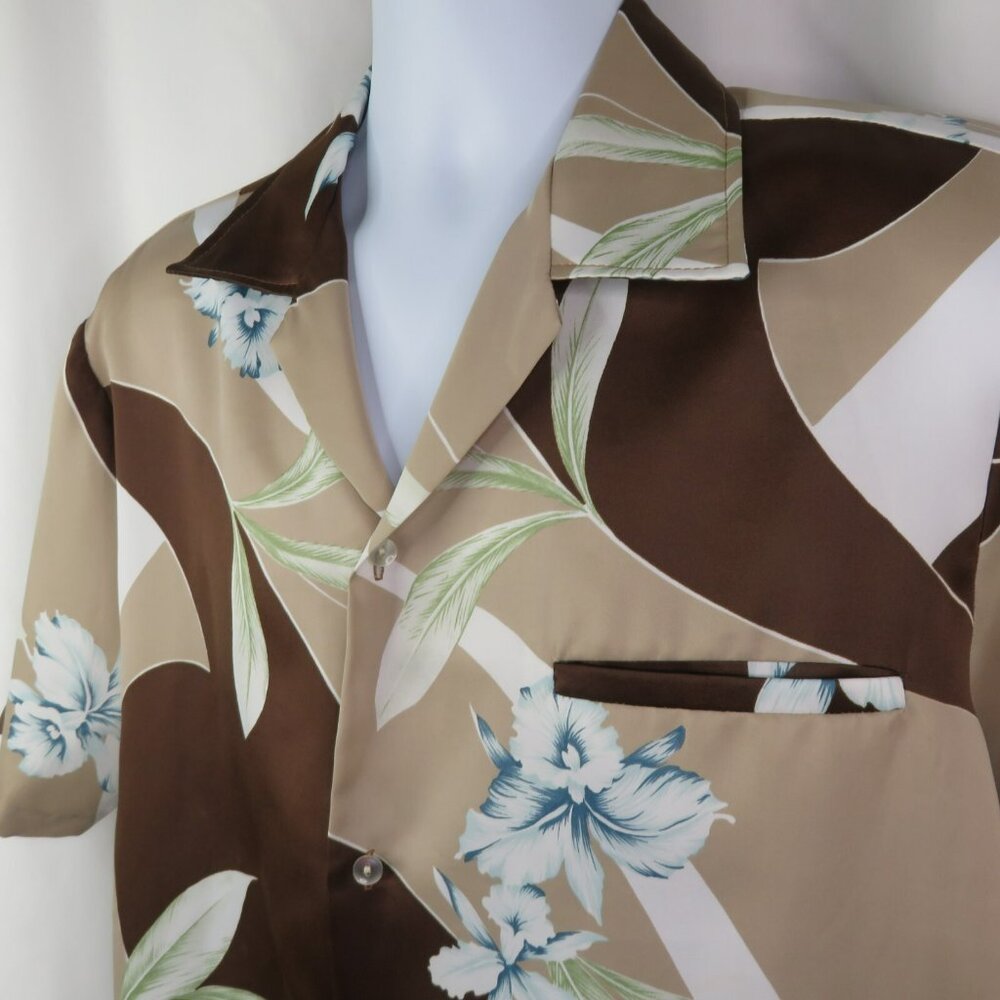 Vintage Lauhala Aloha Hawaiian Shirt Mens L  Made in Hawaii Poly Brown Orchids
